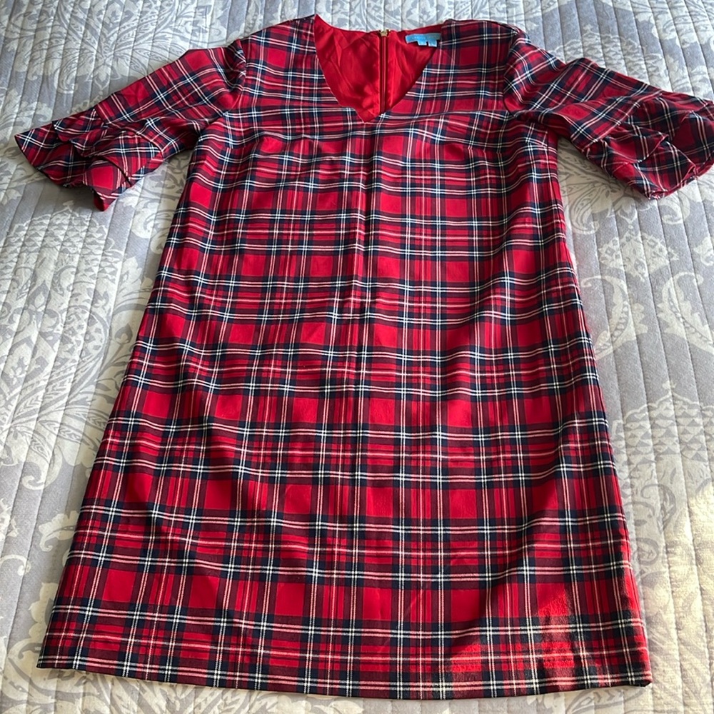 Draper James Angie Check Ruffle Sleeve Shift Dress Red Navy Plaid Size 6